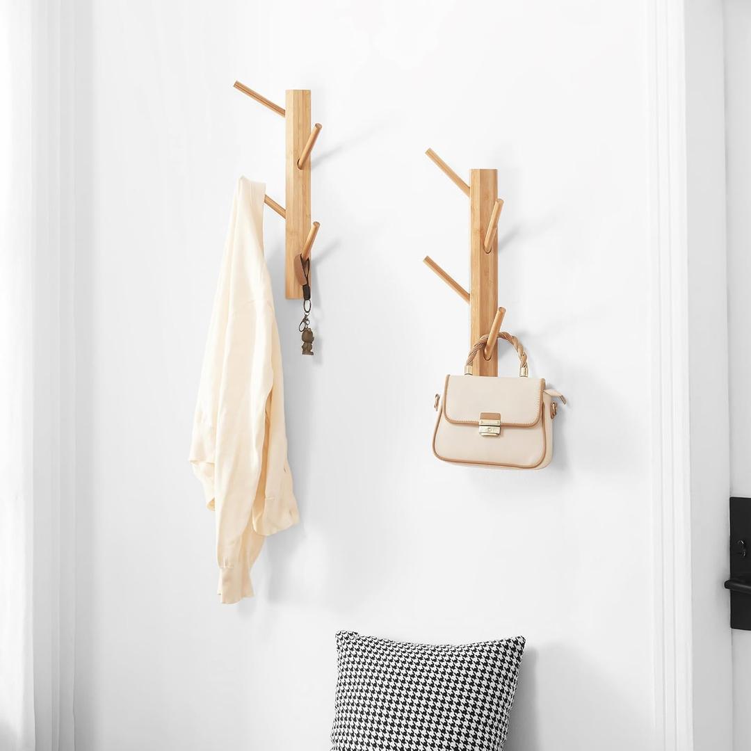 2 Pack Small Vertical Coat Rack Wall Mount, Bamboo Coats Hooks Clothes Holder Hanger for Wall Coat Hat Jacket Clothing Bathroom Robes Entryway(Natural)