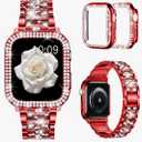 Mosonio Compatible with Apple Watch Band 46mm S11/S10 with Case Women, Jewelry Replacement Metal Wristband with 2 Pack Bling PC Protective Cover for iWatch Series 11/10(46mm,Red)