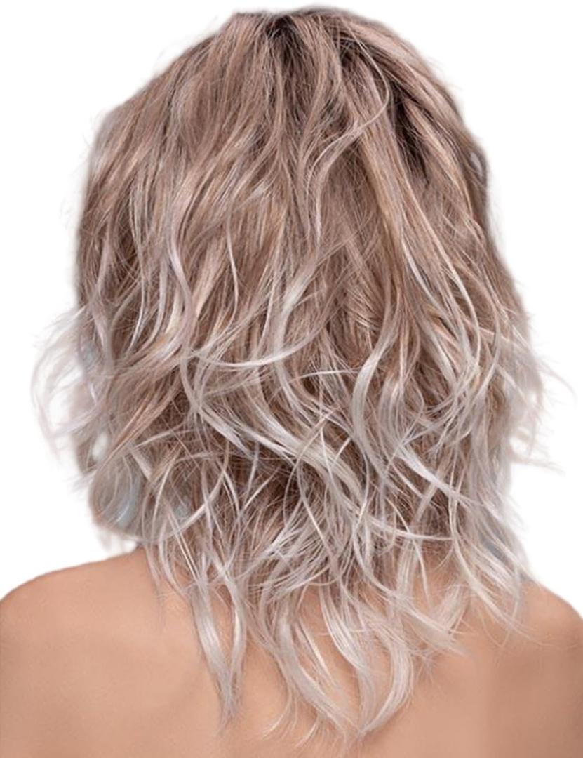 TISHINING Medium Rose Blonde Wavy Wigs for White Women Layered Ombre Rose Blonde to White Beach Wave Bob Wig Natural Looking Daily Party Synthetic Hair Wig