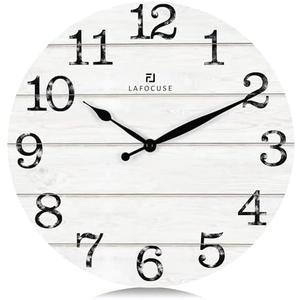 Lafocuse 12 Inch Silent White Wall Clocks for Kitchen Living Room Decor, Wooden Rustic Wall Clock Battery Operated, Decorative Farmhouse Clock
