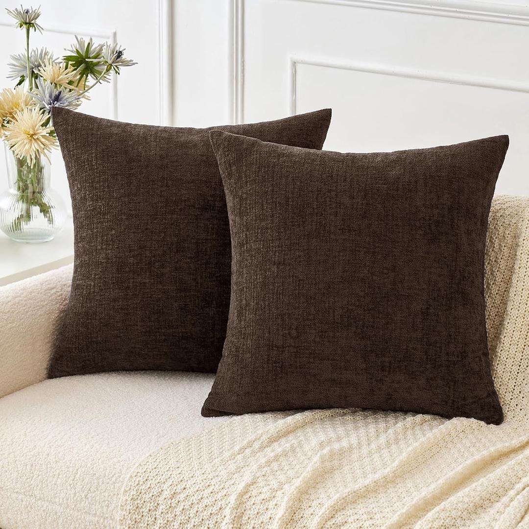 MIULEE Chenille Fall Euro Pillow Covers Chocolate Brown 24x24 Pack of 2 | Soft Modern Fall Decor, Classic Decorative Pillows, Solid Dyed Cases, Couch Cushion Covers for Sofa Bed Living Room