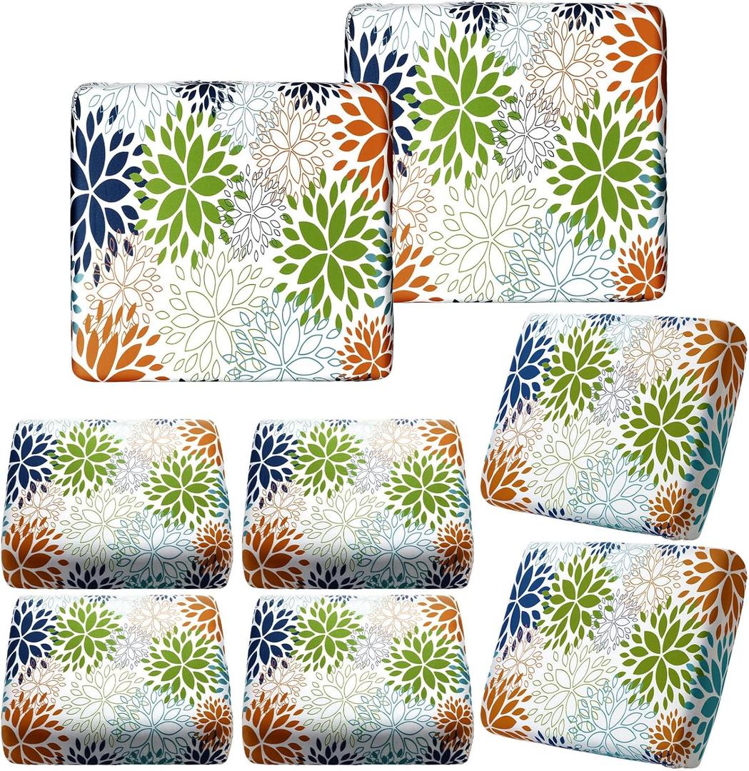 Hosuly 8 Pcs Summer Dahlia Sofa Cushion Cover for Patio Summer Floral Stretch Outdoor Sofa Seat Cushions Covers Tropical Flower Indoor Replacement Couch Slipcover Flexibility Chair Seat Cover
