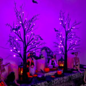 Halloween Decorations Indoor 2 Pack 24 Inch Halloween Black Tree with 24 Purple Lights, Timer/USB/Battery Operated Tabletop Lighted Halloween Spooky Tree for Halloween Table Decor Home Indoor Party