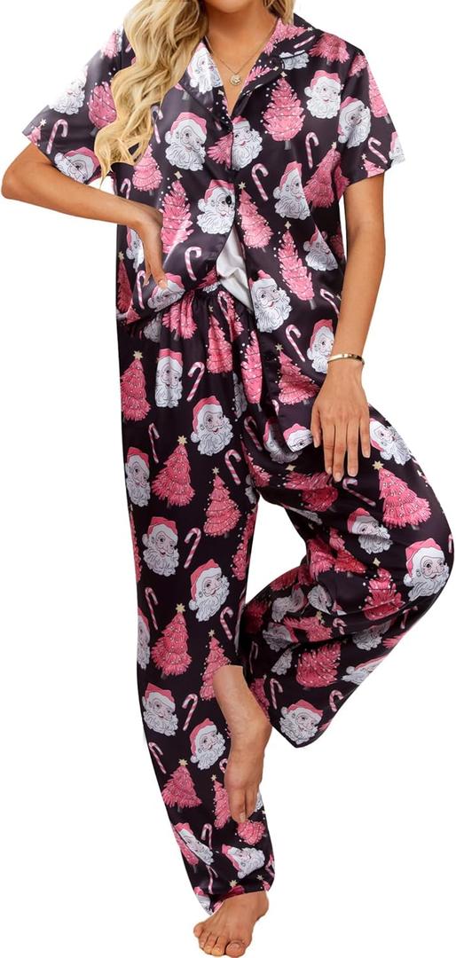 ALLTB Christmas Satin Pajamas Set Women 2 Piece Button Down Pajamas Short Sleeve Shirt Long Pant Xmas Silk Sleepwear Set (Small, Black)