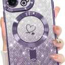 Bonoma Compatible with iPhone 15 Pro Case Support for MagSafe, Plating Heart Glitter Magnetic Checkered Case TPU Camera Protection Back Cover for Girls Women -Purple