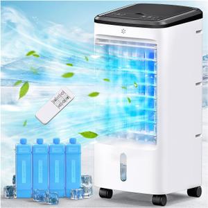 Windowless Air Conditioners, 4 In 1 Portable Swamp Cooler with 2 Water Tanks, Evaporative Air Cooler with 4 Ice Packs, 12H Timer, 3 Speeds 4 Modes, Remote, Cooling Fan for Bedroom, Home, Office