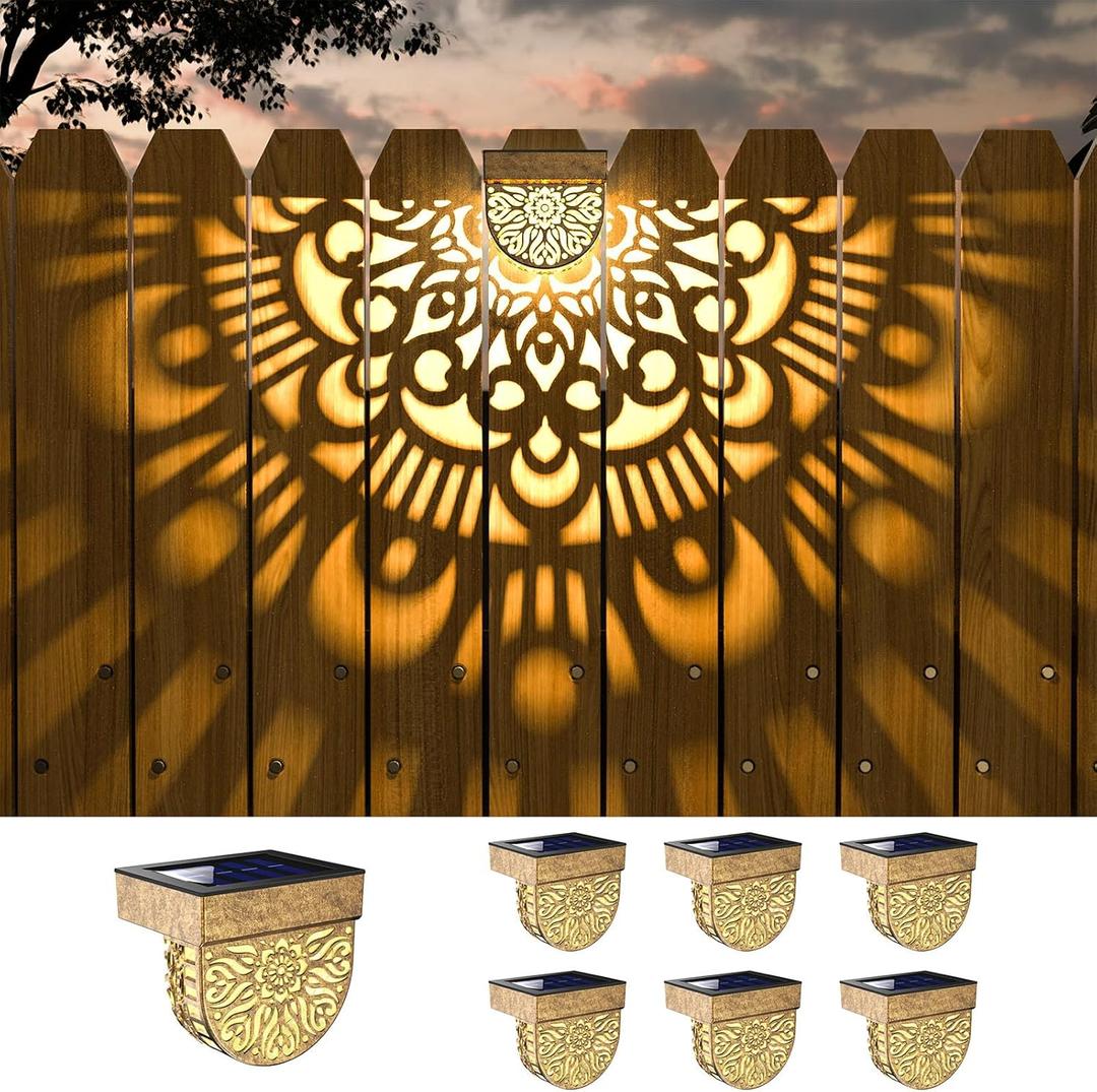6 Pack Solar Fence Lights Outdoor Wall Lights Plastic Solar Powered Deck Step Stair Lights Moon Theme Waterproof Fence Solar Light for Garden Post Patio Backyard Yard Decor (Gold, 6 Pack)