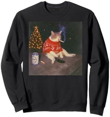 Funny Christmas Smoking Cat Meme Merry Christamas Sweatshirt Size Medium