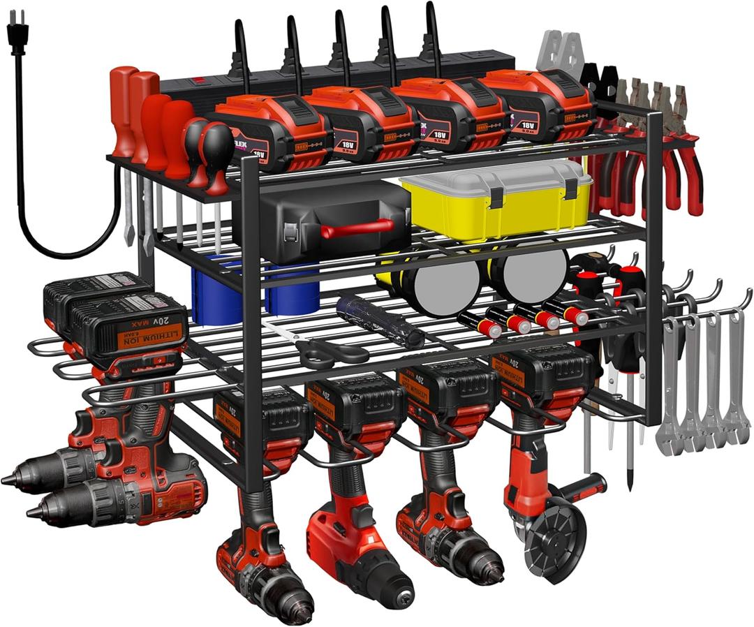 Power Tool Organizer Wall Mount with Charging Station - 6 Drill Holders - Heavy Duty Modular Rack for Garage, Tool Storage Organizer - Gifts for Dad, Men, Husband, Anniversary, Fathers Day