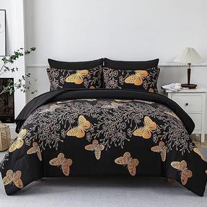 Yogeneg 7 Piece Bed in a Bag King Size Comforter Set Black Bedding Set,Gold Butterfly Leaves Printed on Black Reversible Design,Soft Microfiber Comforter with Sheet Set,All Season(Butterfly,King)