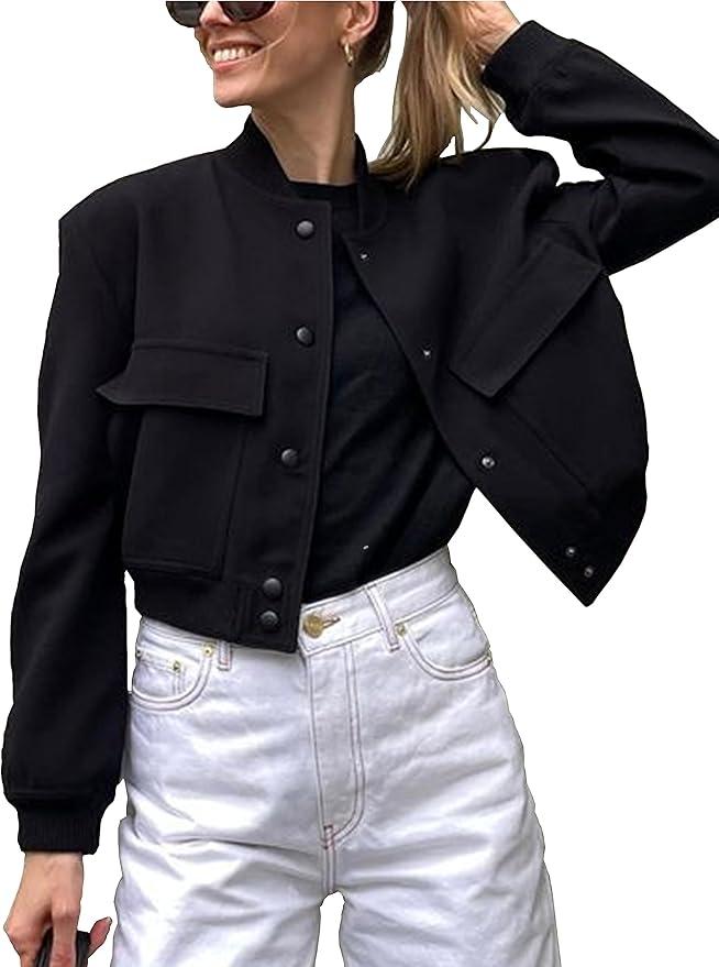 Womens Cropped Bomber Jacket Button Down Varsity Jackets Shackets with Pockets Size M