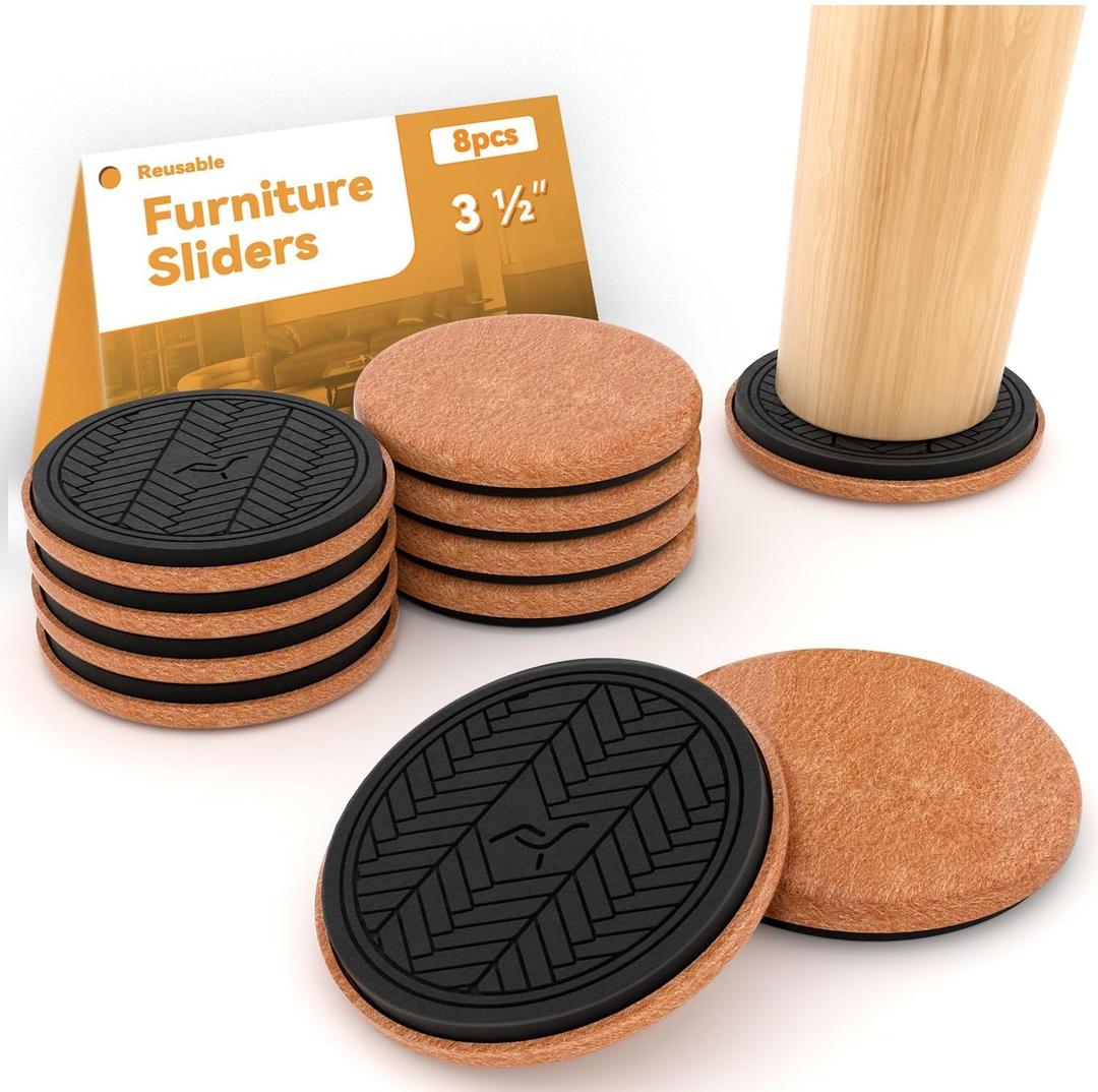 Furniture Sliders for Hardwood Floors Felt Large 8 PCS Diameter 3-1/2 Inch Round Reusable Furniture Slider with Extra Thick Design - Heavy-Duty Furniture Movers - Felt Sliders Effortless Moving
