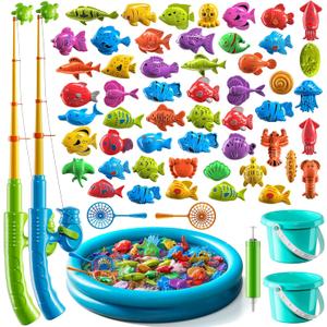 Magnetic Fishing Game Pool Toys for Kids 3 4 5 6 7 8, Water Table Bathtub Toys with Inflatable Pool, Bath Toys for Toddlers, Summer Outdoor Indoor Magnetic Fishing Toys Gifts for Boys Girls 3-5 4-8