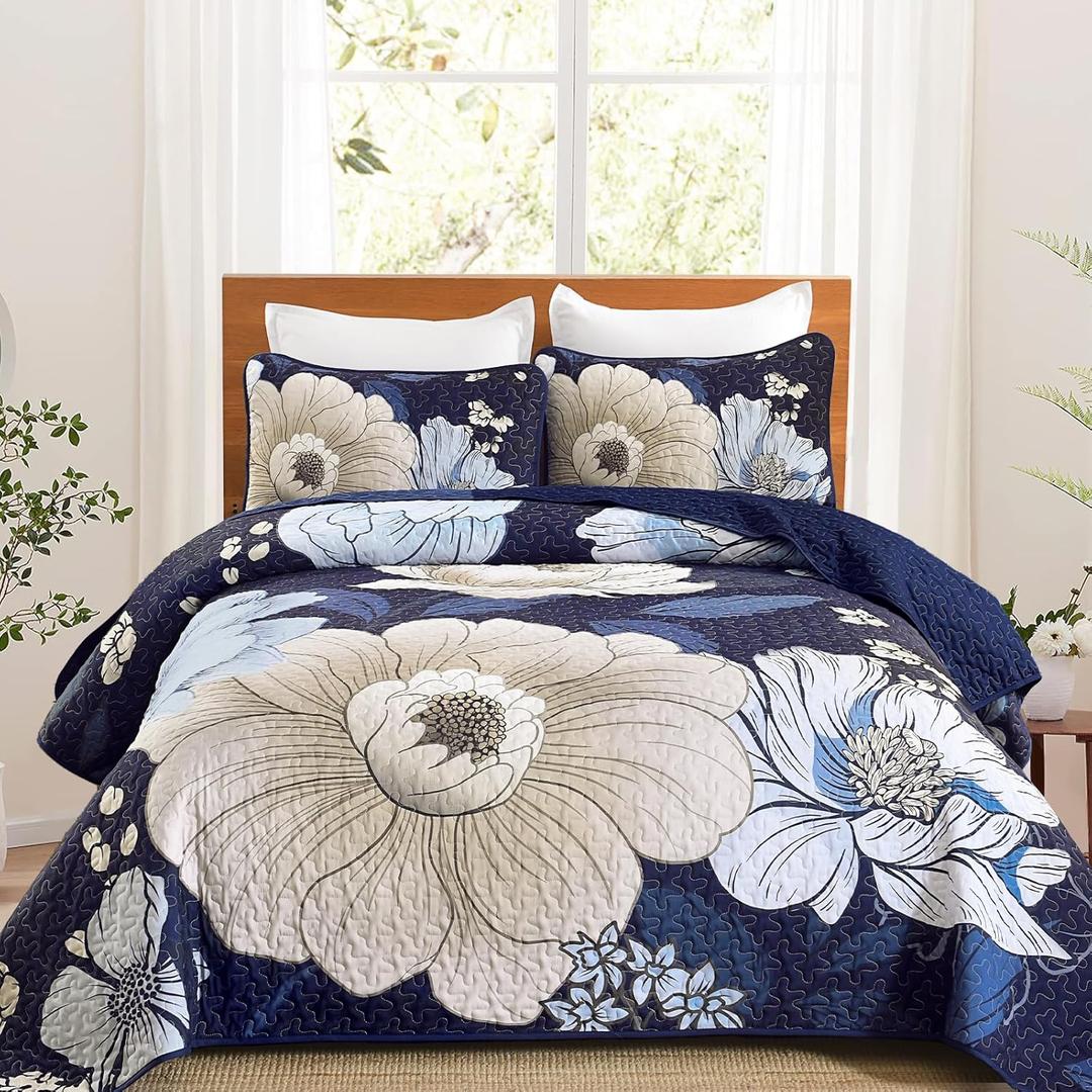 Dintszyayue Blue Quilt Set Queen,3 Pieces Floral Bedspreads Lightweight Coverlet Set for All Seasons, Reversible Quilted Printed Bedding Set with 2 Pillow Shams