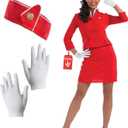 fun shack Flight Attendant Costume Women Red, Retro Airline Stewardess Outfit for Women, Vintage Stewardess Attire (X-Large)