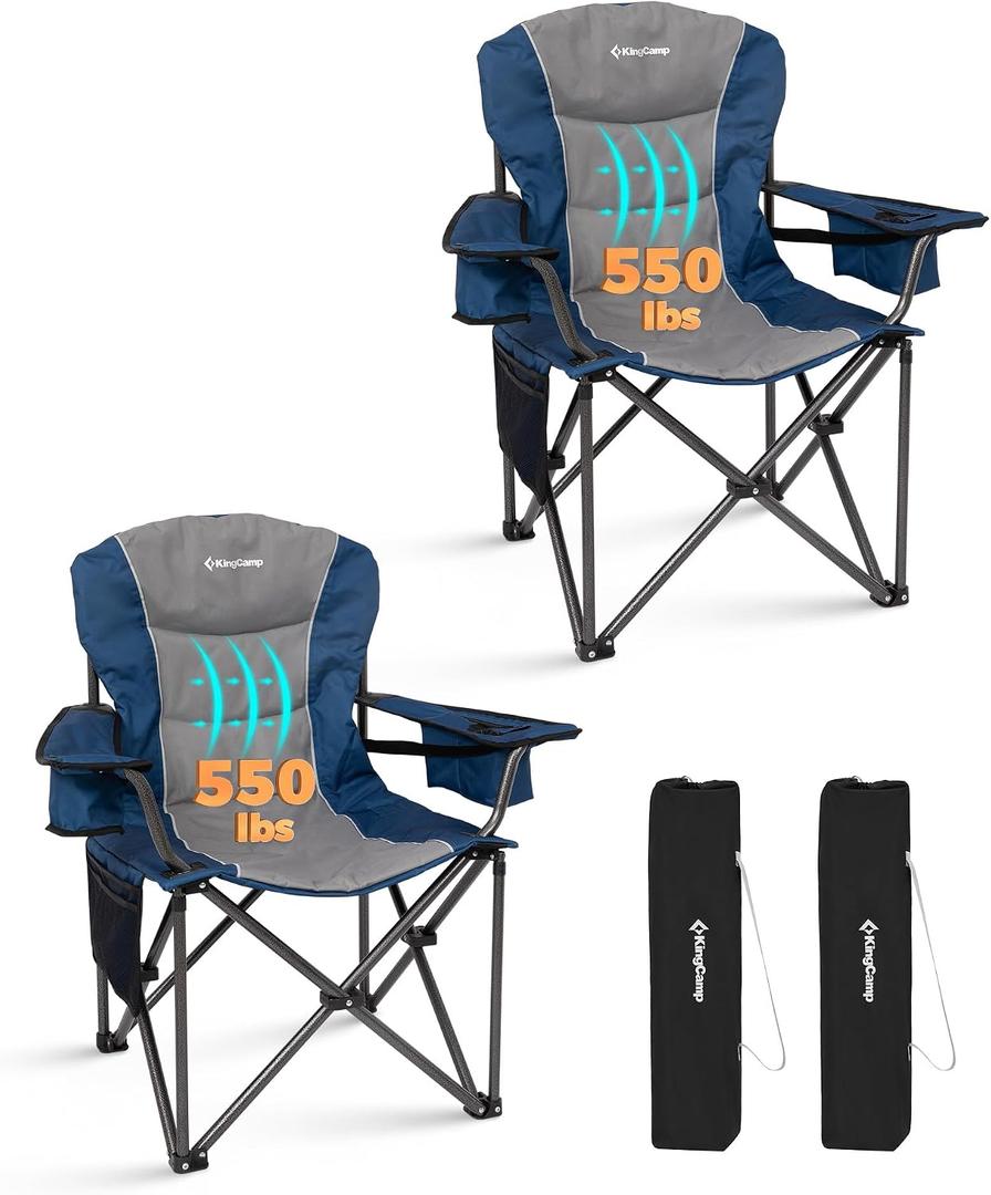 KingCamp Oversized Camping Chair with Adjustable Lumbar Support, 550lbs Heavy Duty Padded Folding Lawn Chair for Adults, Outdoor Armchair with Cooler Bag, Cup Holder & Side Pocket for Fishing, Travel, Large