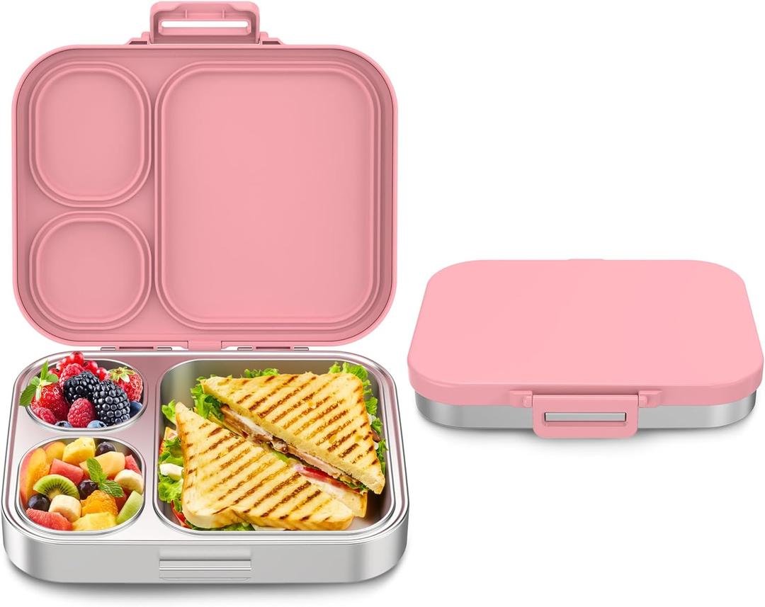 Howeemo Stainless Steel Bento Box Kids, Leak Proof Metal Bento Lunch Box,3 Compartments 304 Stainless Steel Bento Lunch Containers for School and Office, BPAFree(Pink)