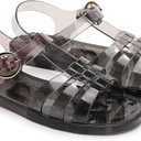 Toddler Sandals Jelly Shoes Girls Unisex Boy Flat Retro Slides Clear Kids Water Slippers Slingback Summer Beach Size 8 Adjustable Buckle Glitter Dress Soft (Black)