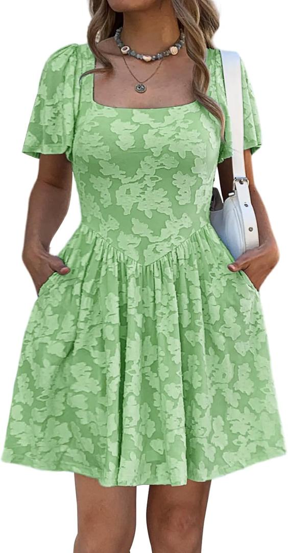 Mieazom Women's Summer Floral Jacquard Square Neck Short Sleeve Mini Dress A-Line Casual Wedding Guest Dresses with Pockets, Green, Medium