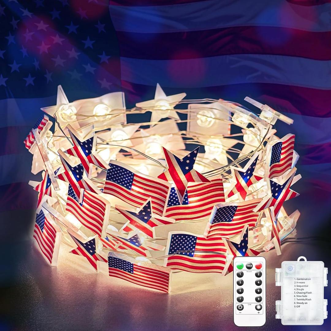 btfarm 4th of July Decorations 16.4FT 50 LED Patriotic Flag Star Shaped Fairy String Lights Battery Operated with Remote Timer, 8 Modes Waterproof Independence Memorial Day Decorations