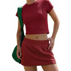 Womens Skort Sets 2 Piece Outfits Crop Top Elastic Waist Shirt Skorts Skirt Set Casual Activewear Outfits 2026 (Red, L)