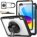 SEYMAC stock Case for iPad A16 11-inch Case 2025/ for iPad 11th/ 10th Generation 10.9'' 2022, Protective with Screen Protector, Pen Holder, Rotate Stand, Loop Nylon Hand Strap, Shoulder Strap, Clear