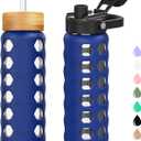 MUKOKO Glass Water Bottles, 24oz Glass Tumbler with Straw, Drinking Bottles with 2 Lids-Handle Spout Lid&Bamboo Straw Lid, Motivational Water Bottle with Time Marker and Silicone Sleeve, 1 Pack-Blue