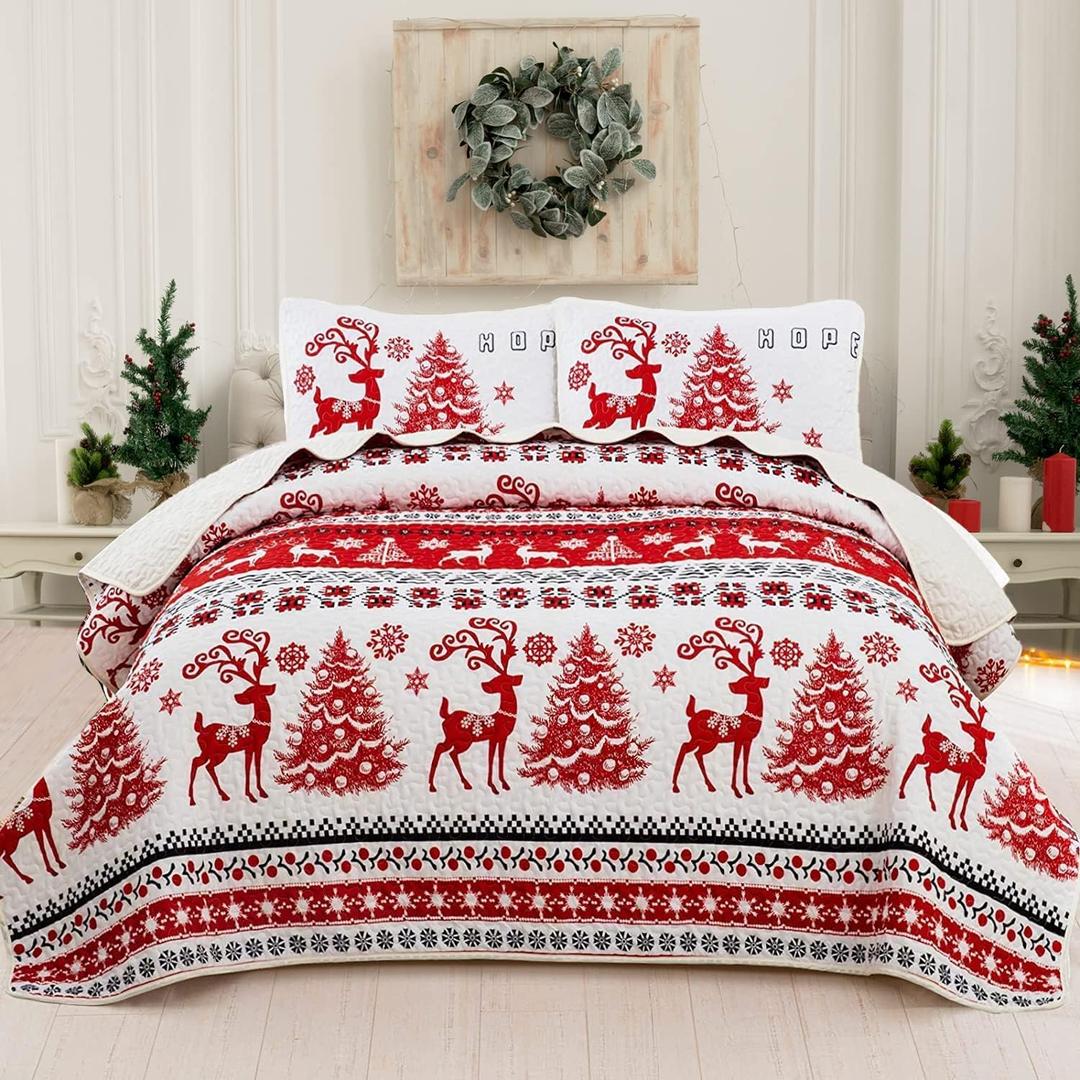 DJY Christmas Quilt Set King Size, Reindeer Snowflakes Pattern Bedspread Bedding Set 3 Piece Red Christmas Coverlet Festival Winter Elk Decor Reversible Quilted Bedding Set with 2 Pillowcases