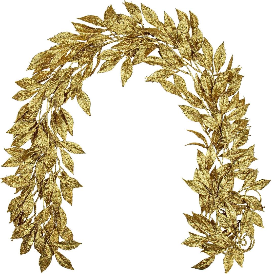 3 Pcs 6FT Christmas Garland Gold Glittered Artificial Magnolia Leaves for Mantle Christmas Tree Decorations Indoor Outdoor Hanging Garland Ornaments Garden Door Wall Window Stair Holiday Home Decor
