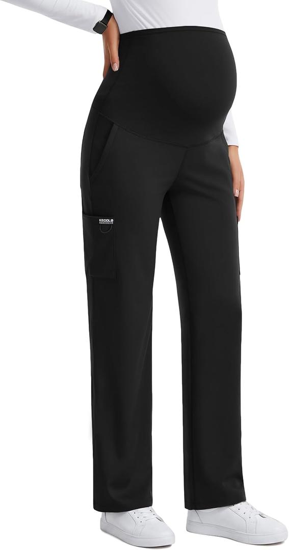 Women's Maternity Scrub Pants with 6 Pockets, 4-Way Stretchy Straight Leg Pregnancy Workwear Pant (Black, M)