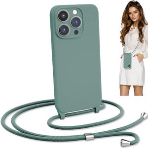 Crossbody Lanyard Strap Case for iPhone 15 Pro, Hands-Free Neck Cross Body Wrist Adjustable Rope Removable Drop Protection Shockproof Silicone Case 6.1 inch 150 cm Strap iP15Pro - Pine Green