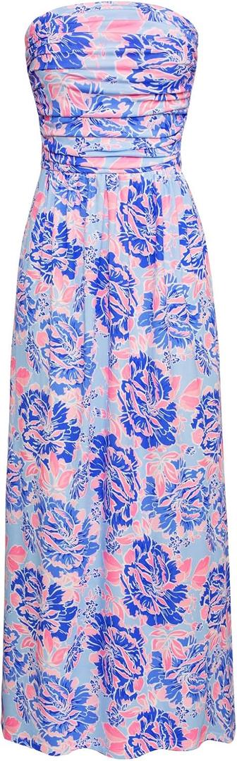 GRACE KARIN Women Strapless Dress Casual Loose Ruched Long Maxi Dress with Pockets, Small, Blue Floral