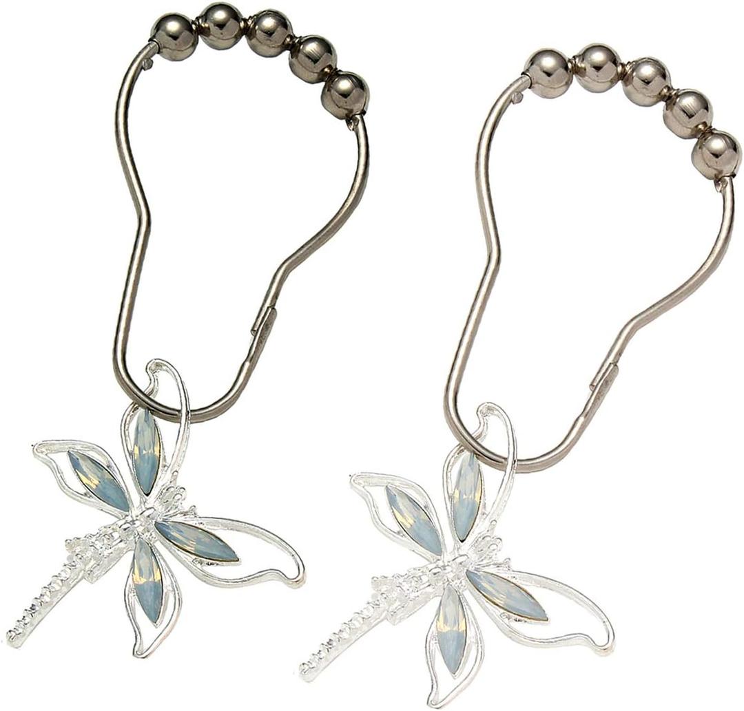 Crystal Dragonfly Shower Curtain Hooks - Brushed Nickel Rings with Rhinestones Dragonfly Pendant, Rust Proof Silver Metal Curtain Hangers (Silver) 12 Pcs