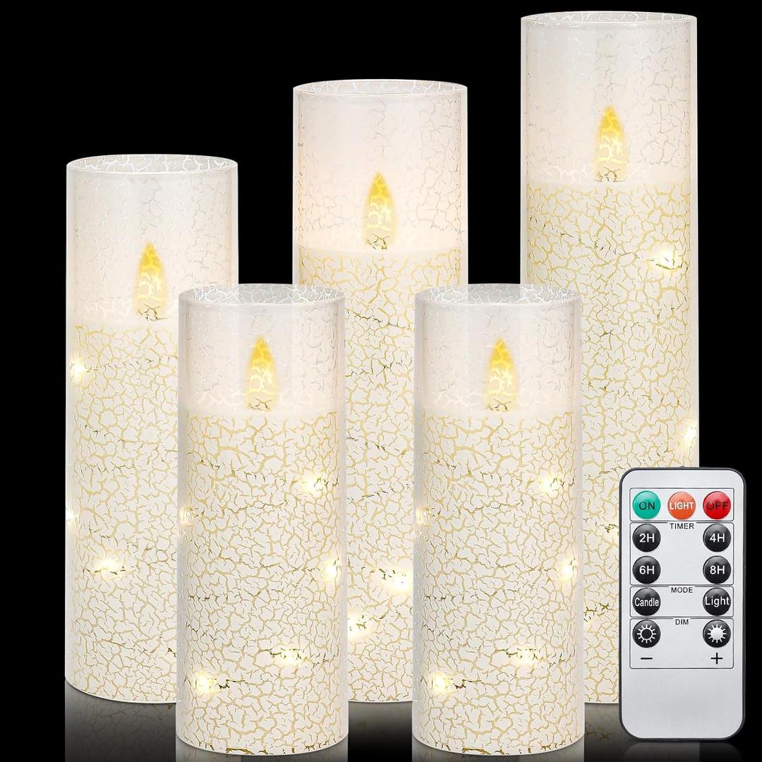 Flameless LED Pillar Candles with Remote Control and Timer, Battery Operated Flickering Electric Candles Set of 5, Crackle Design for Home Decor Wedding Party(D2.2'' x H5''/5''/6''/7''/8'') (Ivory)