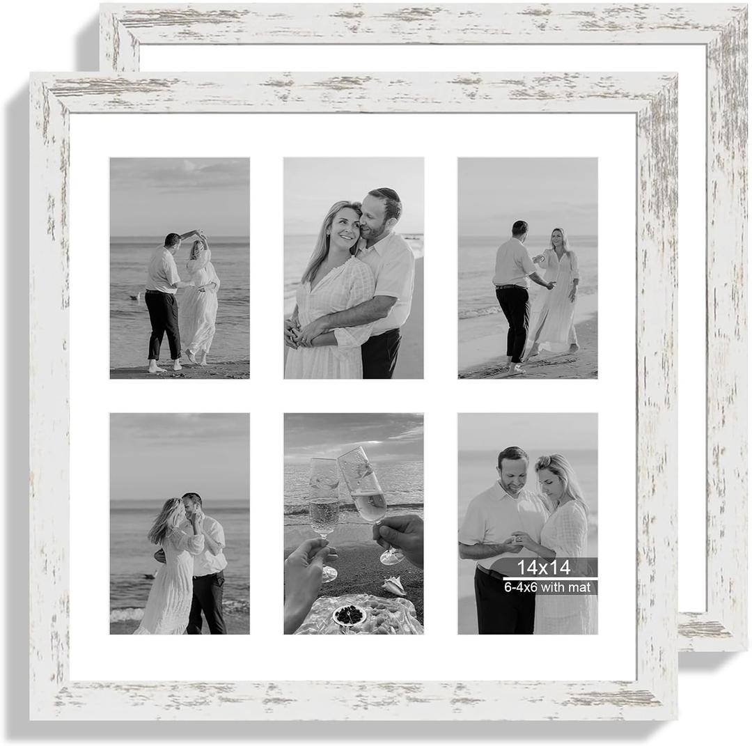 Hongkee 14x14 Picture Frame Set of 2, Distressed White with Glass Collage Frame, Display Photo Six Opening 4x6 With Mat or 14 x 14 Without Mat - Horizontal or Vertical Wall Mounting, 14x14 in matted to 6-4x6