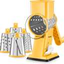 Geedel Rotary Cheese Grater - Upgraded Vegetable Shredder with 4 Interchangeable Blades, Easy to Clean Cheese Shredder with Handle, Kitchen Grater Nuts Grinder for Cutting Cheese, Vegetable, Nuts (Yellow)