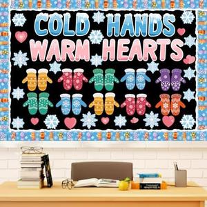 Ctosree 75 Pcs Winter Bulletin Board Decorations Set Christmas Classroom Decor Winter Gloves Snowflakes Cold Hands Warm Hearts Cutout with Glue Point for Teacher School Classroom Chalkboard Decor, Pack of 3
