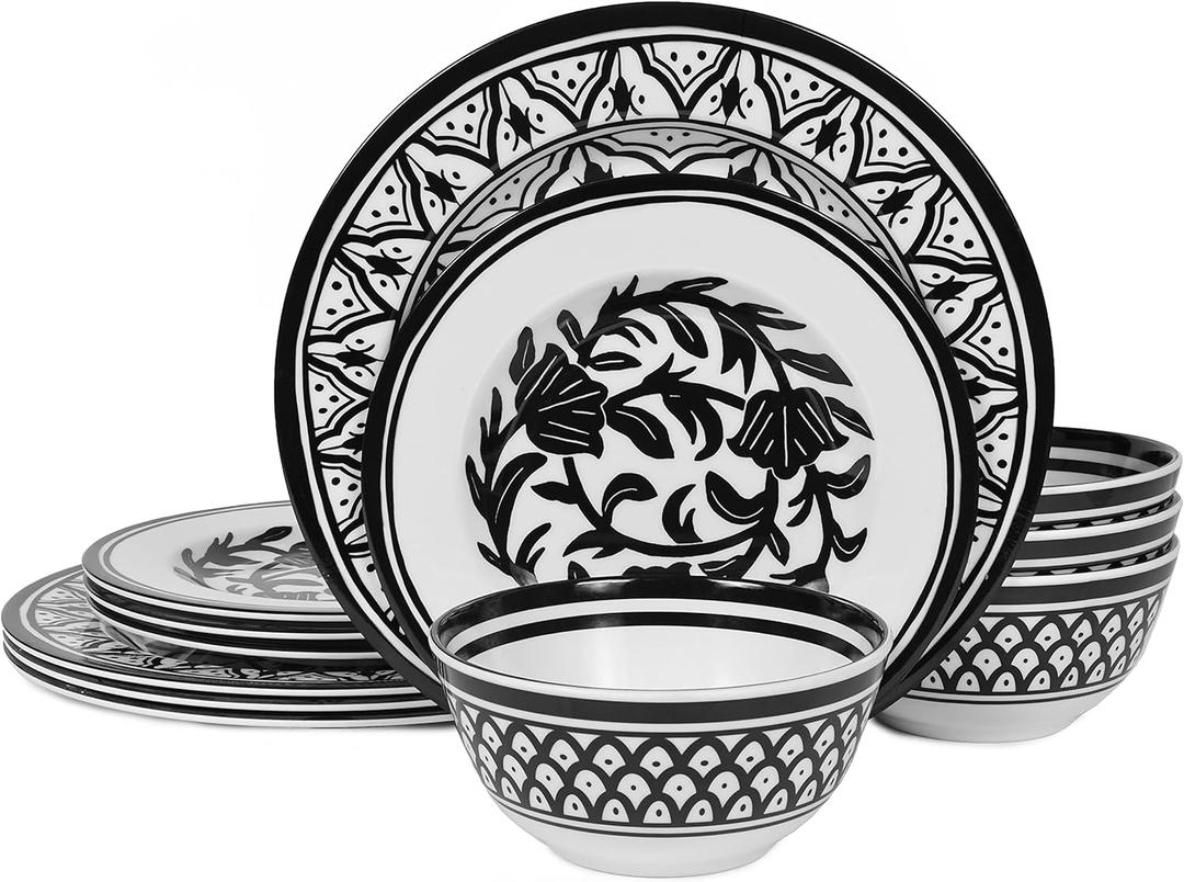 Melamine Dinnerware Sets-12pcs Melamine Plates and Bowls Set, Unbreakable, Dishwasher Safe, Indoor Outdoor Use, Black Pattern