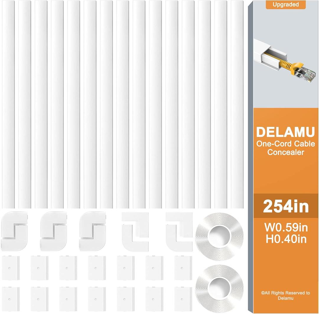 Delamu 254in Cord Covers for Wires on Wall, One-Cable Cord Hider, Cable Hider Wire Covers for Cords on Wall, Easy-to-Install Cables Cover Raceway, Cable Management Kit, L16.9in W0.59 H0.4in, White