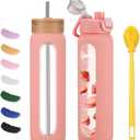 32 oz glass water bottle - 1 Litter Motivational Tumbler With Time Marker - Borosilicate Glass Water Bottles With Silicone Sleeve and 2 Lids - Handle Spout Lid & Bamboo Straw Lid (Pink)