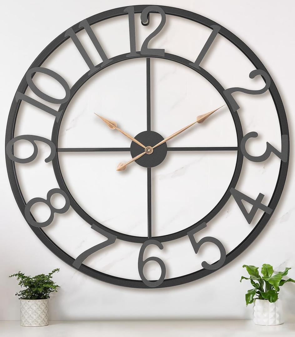 36 Inch Extra Oversized Large Giant Modern Decorative Wall Clock,Vintage Industrial Farmhouse Black Metal Big Arabic Numerals Large Clocks for Living Room Decor,Entrance Fireplace,Dining Room