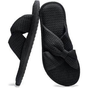 QIGEGE Slippers for Women with Arch Support House Slippers Bedroom Bubble Waffle Knit Fabric Bow Crossbands Slide Sandals Shoes Comfy Trendy Gift, Black Size 8