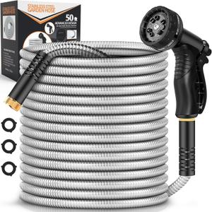 Garden Hose Metal 50FT, Stainless Steel Heavy Duty Water Hose With 10 Function Nozzle, No-Kink, Tough & Flexible, Sturdy and Lightweight, Rust Proof hose for Yard, Outdoor, RV