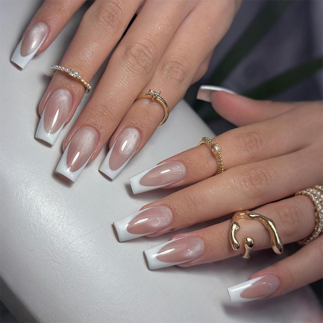 Medium Press on Nails Square Fake Nails White Nails White French Tip False Nails Press ons with Design Glossy Acrylic Full Cover Reusable Stick on Nail for Women Manicure 24Pcs