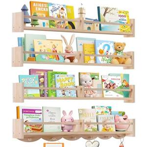 Dixryaus 34Inch Nursery Book Shelves Wall Mounted, Floating Book Shelf for Kids Coat Rack with 6 Hooks, Wall Hanging Shelf for Baby Nursery Room Organizer, Patent Number:US-D1058229-S(4, Burlywood)
