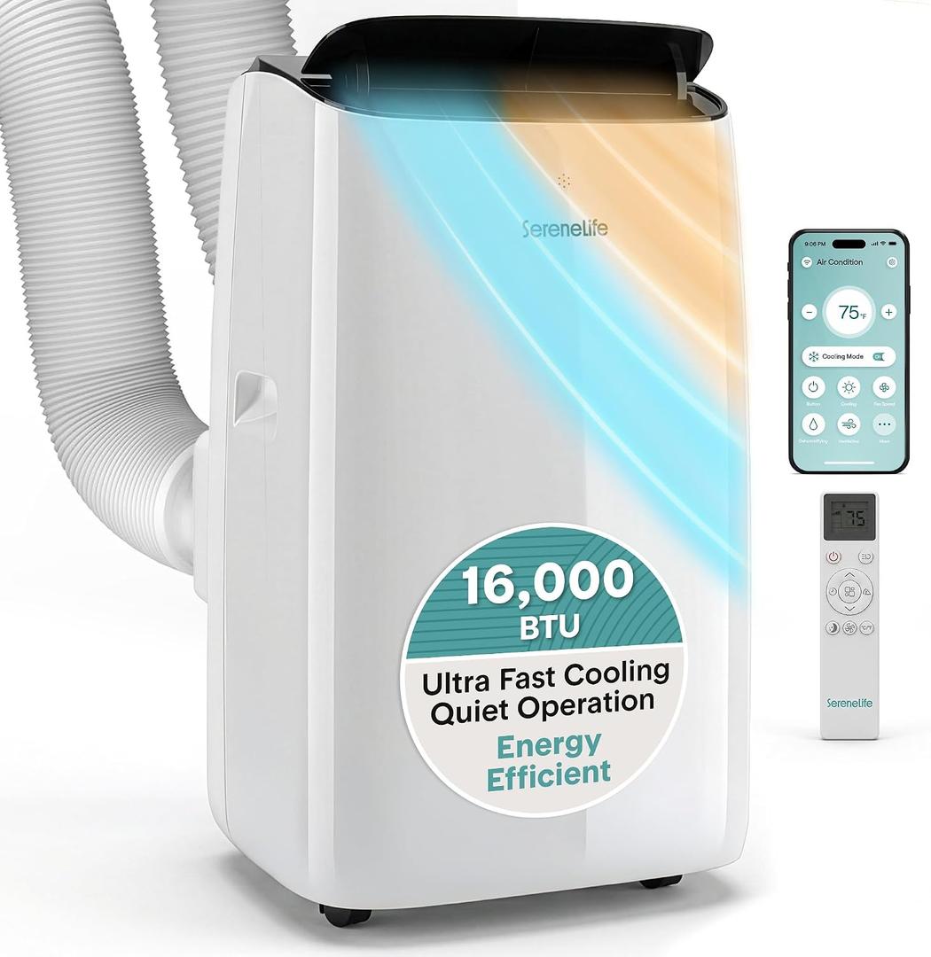 SereneLife 16000 BTU Inverter Portable Air Conditioner & Heater with Wi-Fi | Portable AC Unit with Dehumidifier, Fan Modes, Dual Hose System | Compact Standing Air Conditioner with Window Kit (White)