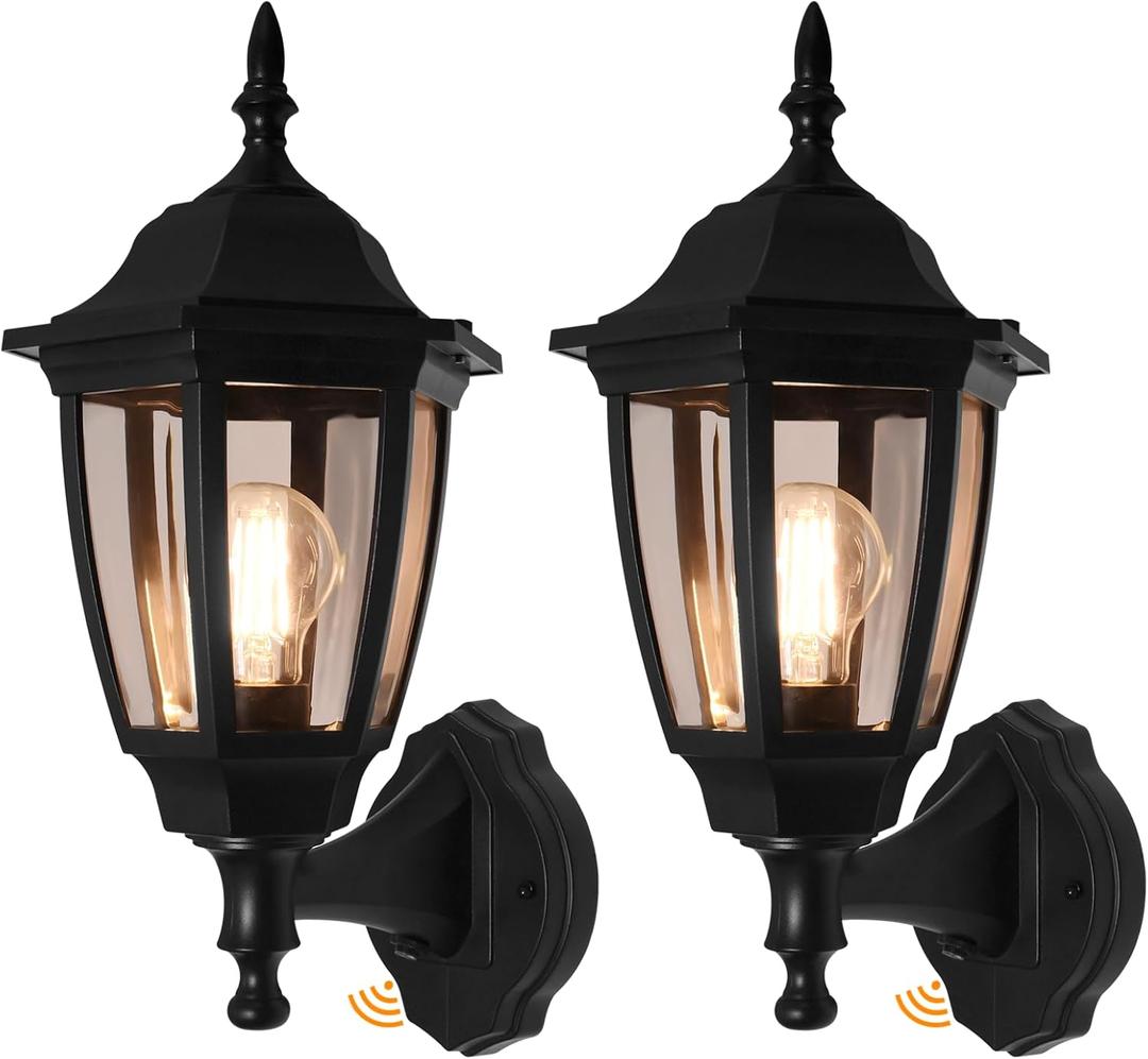 FUDESY Outdoor Wall Light Dusk to Dawn, Porch Sensor Light Black Plastic Anti-Corrosion with LED Edison Filament Bulb, Exterior Mount Lantern for House, Garage (2-Pack)