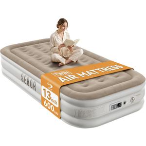 Sebor Air Mattress with Built-in Pump, Comfortable Self-Inflating Air Mattress with High-Speed Pump, Durable Blow Up Mattress Twin with Storage Bag for Guests, Camping (Khaki White, 13" Twin XL)