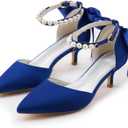 Coutgo Womens Pearl Ankle Strap Pumps Low Kitten Heel D'Orsay Satin Back Tieknot Heels Pointed Toe Wedding Party Dress Shoes (Blue) Size 7