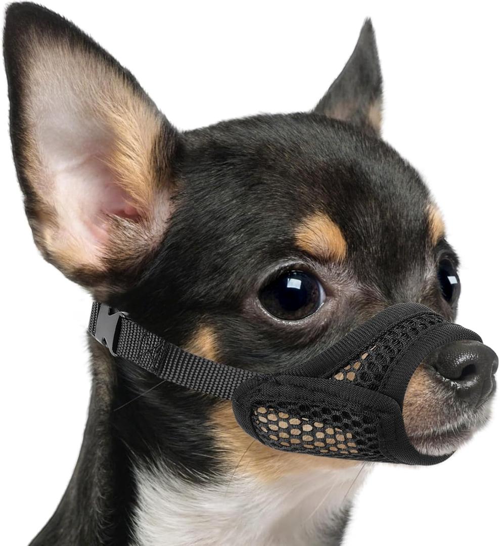 Mayerzon Mesh Muzzle for Short Snout and Small Medium Dogs Anti-Biting, Focus on Brachycephalic Dogs like Chihuahua Pomeranian, Breathable Fabric, Opening Front, Allow Panting, for Grooming Vet Visits (XXS [Snout Cir: 4-4.75"], Black)